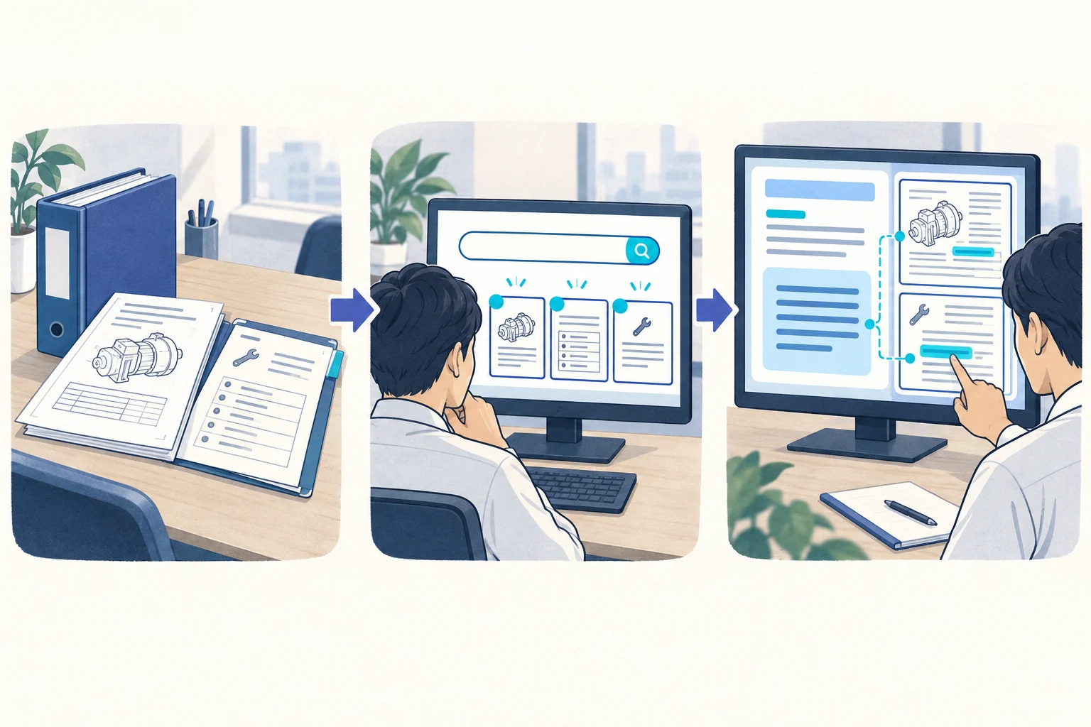 資料を検索し、回答と参照元を確認する業務イメージ