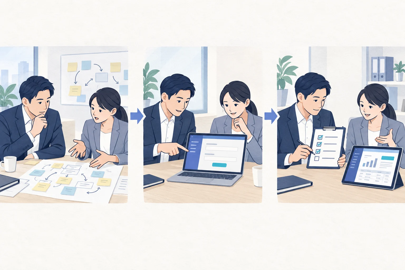 担当者と開発者が動く試作品を確認する業務イメージ
